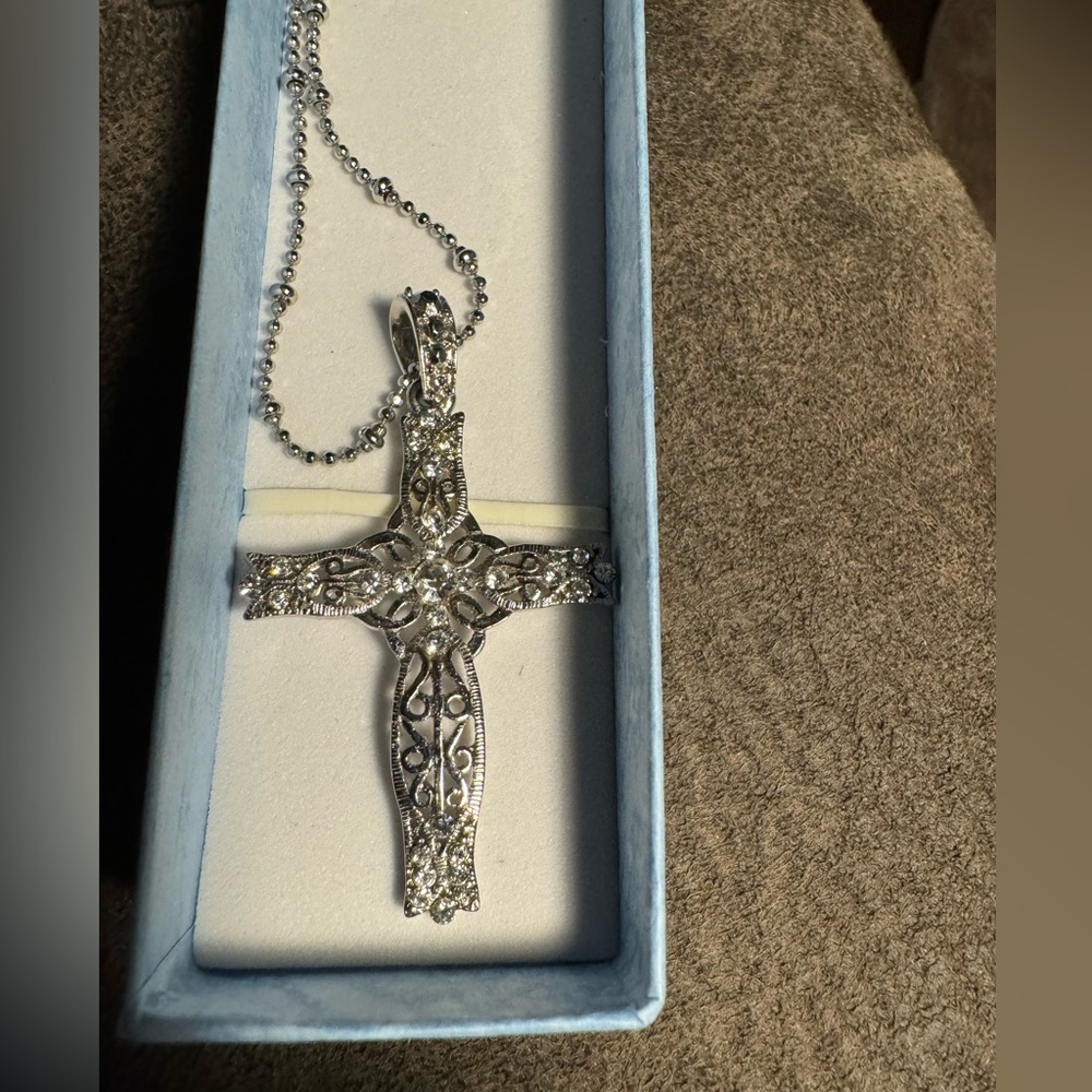 Cookie Lee Silver-Tone Filigree Cross Necklace with Clear Crystals - Picture 6 of 9